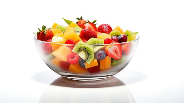 Fruit salad in a glass bowl on a white background.
