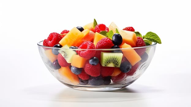 Fruit salad in a glass bowl on a white background.