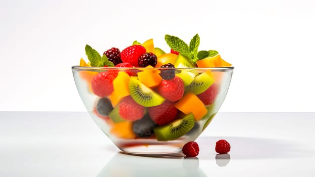 Fruit salad in a glass bowl on a white background.