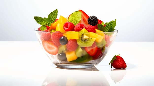Fruit salad in a glass bowl on a white background.