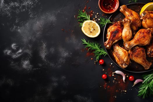 Grilled chicken legs with herbs, lemon on dark background