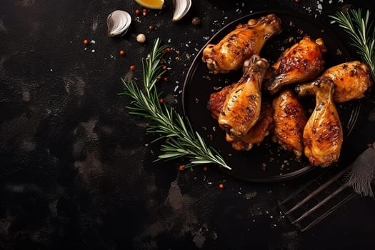 Roasted chicken drumsticks with herbs on dark background.