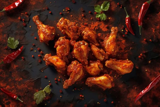 Spicy chicken wings seasoned with herbs and spices on a dark surface.