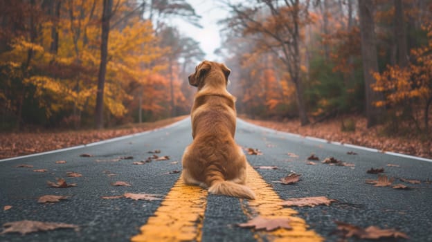 A dog sitting on the side of a road looking at something