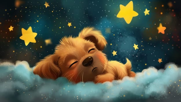 A cute little dog sleeping on a cloud with stars in the sky