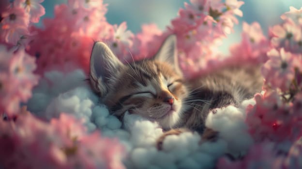 A cat sleeping in a field of flowers with pink petals