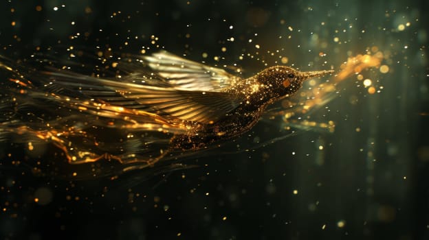 A bird flying through the air with sparks and glitter