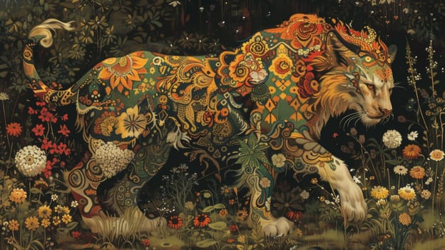 A painting of a large cat in the middle of flowers