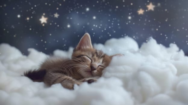 A kitten sleeping on a cloud of fluffy white clouds