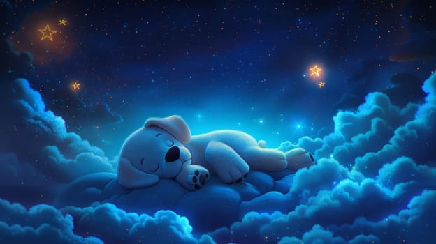 A teddy bear sleeping on a cloud in the sky