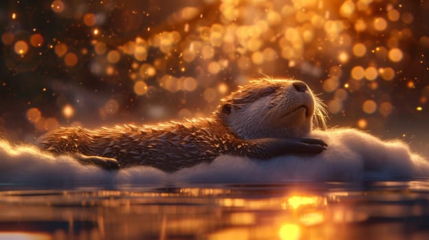 A close up of a sea otter laying on top of some water