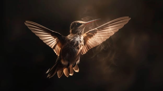 A hummingbird flying in the air with smoke coming out of its wings