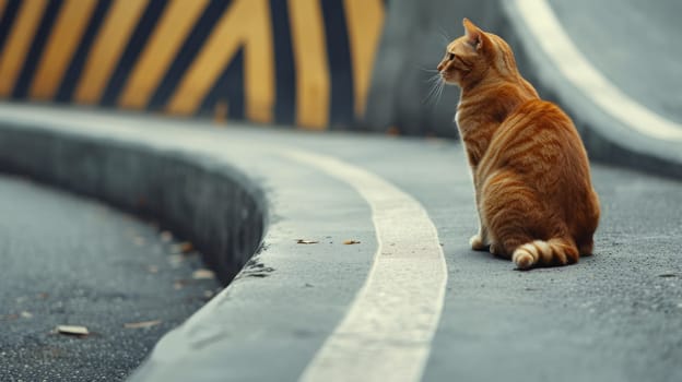 A cat sitting on the edge of a road looking at something