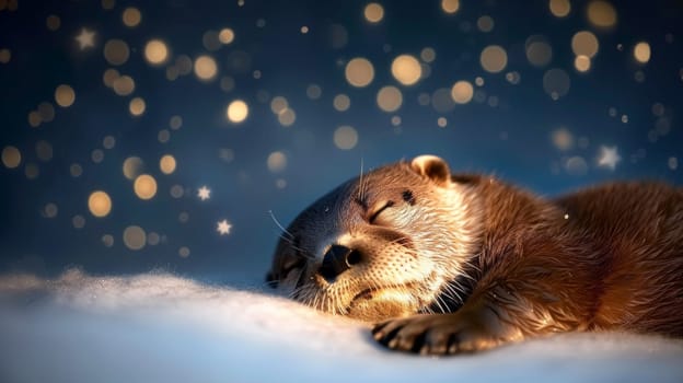 A small otter sleeping on a snowy surface with stars in the background