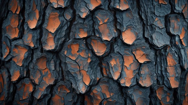 A close up of a tree trunk with orange and brown paint