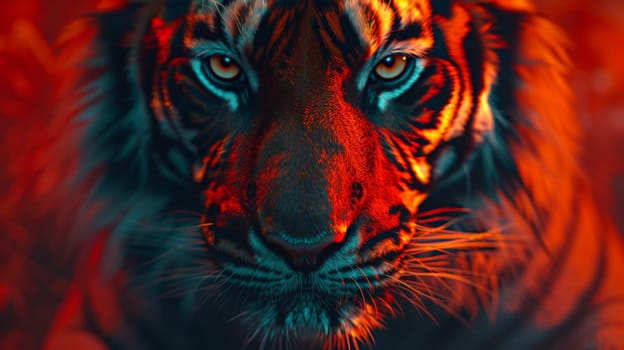 A close up of a tiger's face with red and blue lighting