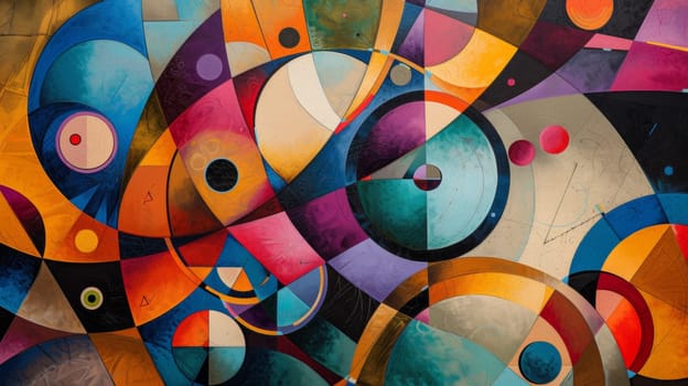 A colorful abstract painting with circles and squares in different colors