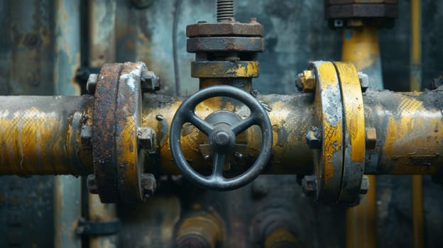 A close up of a valve on an old rusty pipe