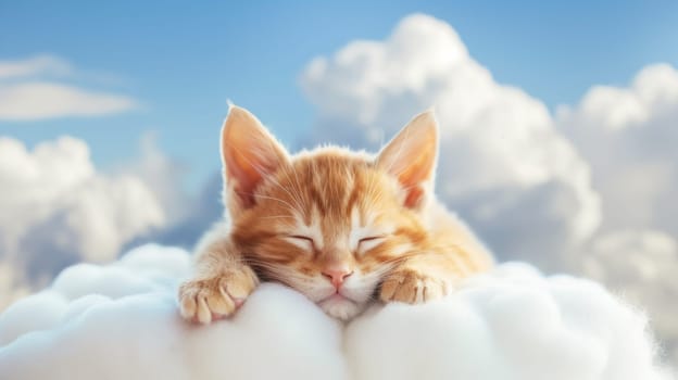 A small orange cat sleeping on a cloud with its eyes closed