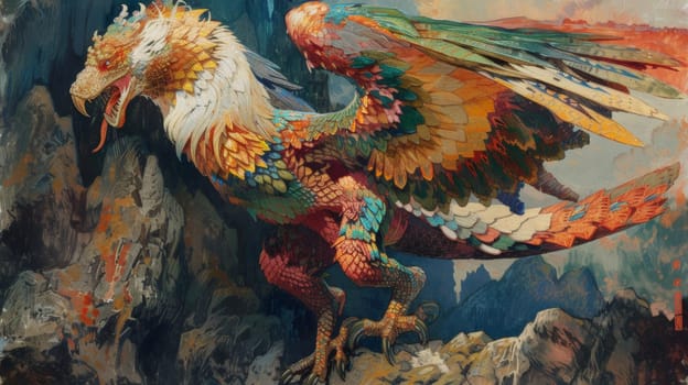 A painting of a colorful bird with wings spread out on the ground