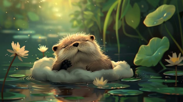 A cute otter is floating in a cloud of water lilies