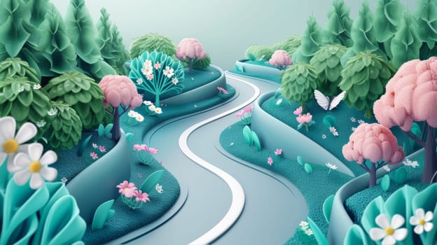 A 3d rendering of a winding road surrounded by flowers and trees