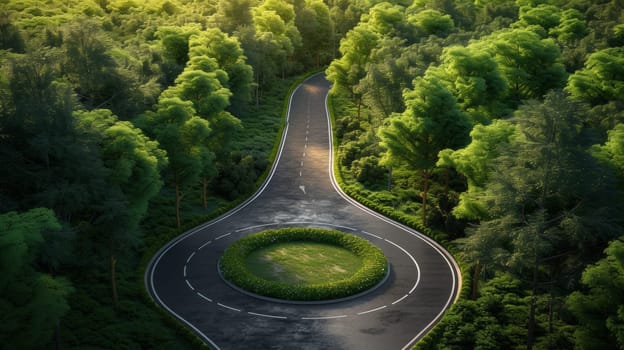 A road curves through a forested area with trees lining the sides