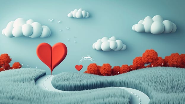 A path leading to a heart shaped hill with clouds in the sky