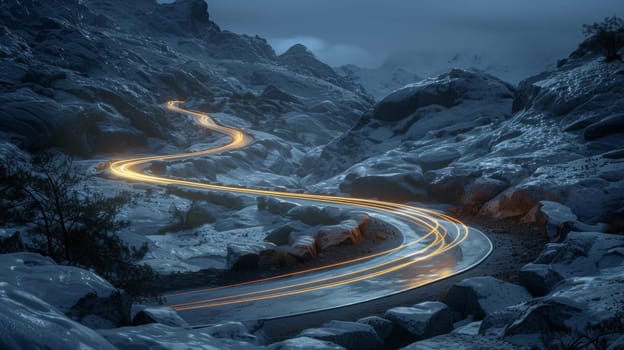 A road winding through a snowy mountain range with light streaks