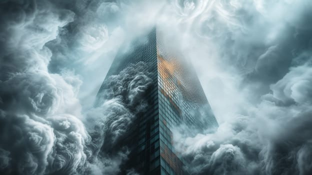 A skyscraper is surrounded by clouds in a dark sky