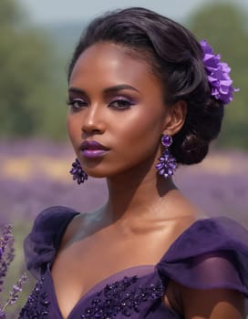 An elegant figure adorned in a detailed purple dress stands amidst a blooming lavender field.