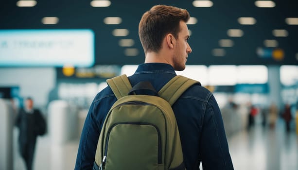 A back view of a young traveler with a green backpack looking at the departure boards in a modern and bright airport terminal.
