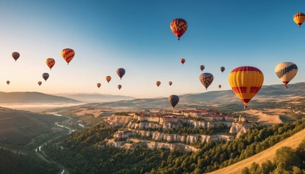 A breathtaking view of colorful hot air balloons soaring over a picturesque historic village nestled among lush greenery and mountains at sunrise.