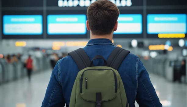 A back view of a young traveler with a green backpack looking at the departure boards in a modern and bright airport terminal.