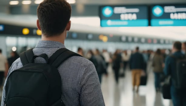 A back view of a young traveler with a green backpack looking at the departure boards in a modern and bright airport terminal.