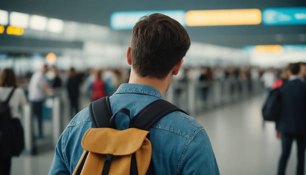 A back view of a young traveler with a green backpack looking at the departure boards in a modern and bright airport terminal.
