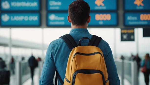 A back view of a young traveler with a green backpack looking at the departure boards in a modern and bright airport terminal.