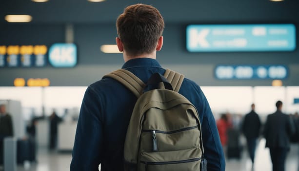 A back view of a young traveler with a green backpack looking at the departure boards in a modern and bright airport terminal.