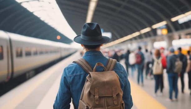 A back view of a young traveler with a green backpack looking at the departure boards in a modern and bright airport terminal.