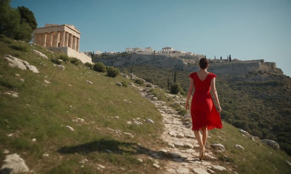 An elegant woman in a red dress walks towards the ancient ruins of the Acropolis in Athens. The serene atmosphere and historical architecture promise a journey back in time.