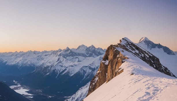 A mountaineer stands atop a rugged peak against a backdrop of majestic snow-capped mountains bathed in the soft glow of sunrise.