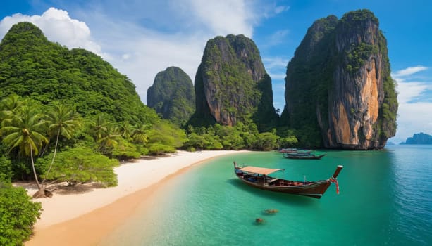 A pristine tropical beach with crystal clear waters and a traditional wooden boat in the foreground. Lush green cliffs and blue skies create a serene atmosphere.