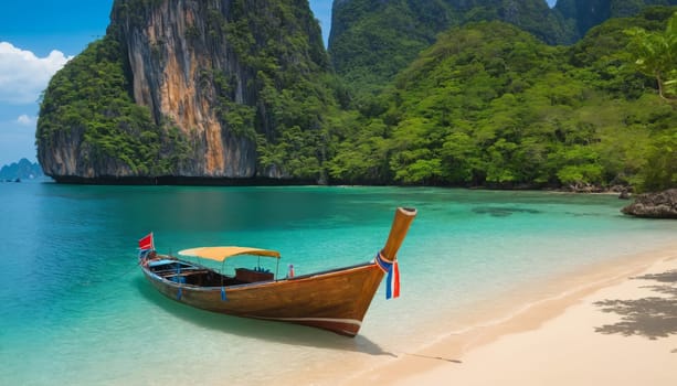 A pristine tropical beach with crystal clear waters and a traditional wooden boat in the foreground. Lush green cliffs and blue skies create a serene atmosphere.