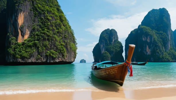 A pristine tropical beach with crystal clear waters and a traditional wooden boat in the foreground. Lush green cliffs and blue skies create a serene atmosphere.