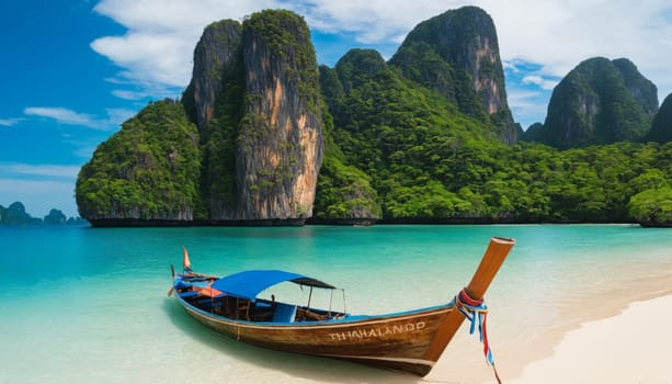 A pristine tropical beach with crystal clear waters and a traditional wooden boat in the foreground. Lush green cliffs and blue skies create a serene atmosphere.