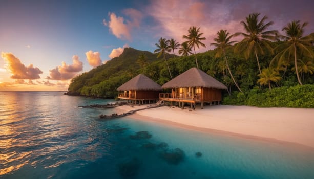 A pristine tropical beach with crystal clear waters and a traditional wooden boat in the foreground. Lush green cliffs and blue skies create a serene atmosphere.
