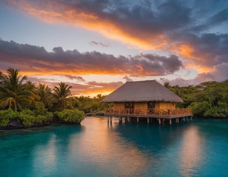 A luxurious overwater bungalow set against a stunning sunset. Surrounded by calm waters and palm trees offering a perfect tropical escape.