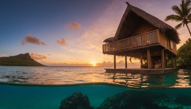 A luxurious overwater bungalow set against a stunning sunset. Surrounded by calm waters and palm trees offering a perfect tropical escape.