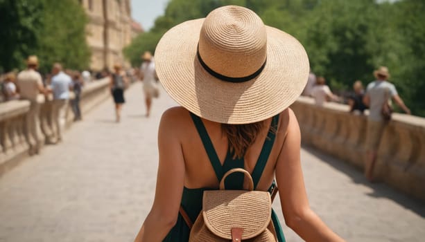 A stylish woman in a colorful outfit explores a historical city. The architectural beauty of the place complements its elegant presence.