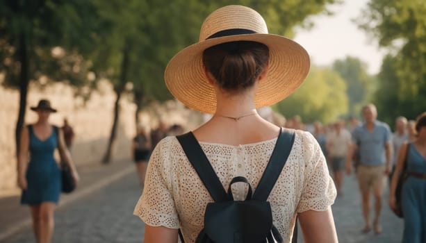 A stylish woman in a colorful outfit explores a historical city. The architectural beauty of the place complements its elegant presence.